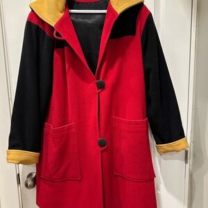 Colorblock Red, Black & Mustard Hooded Coat
